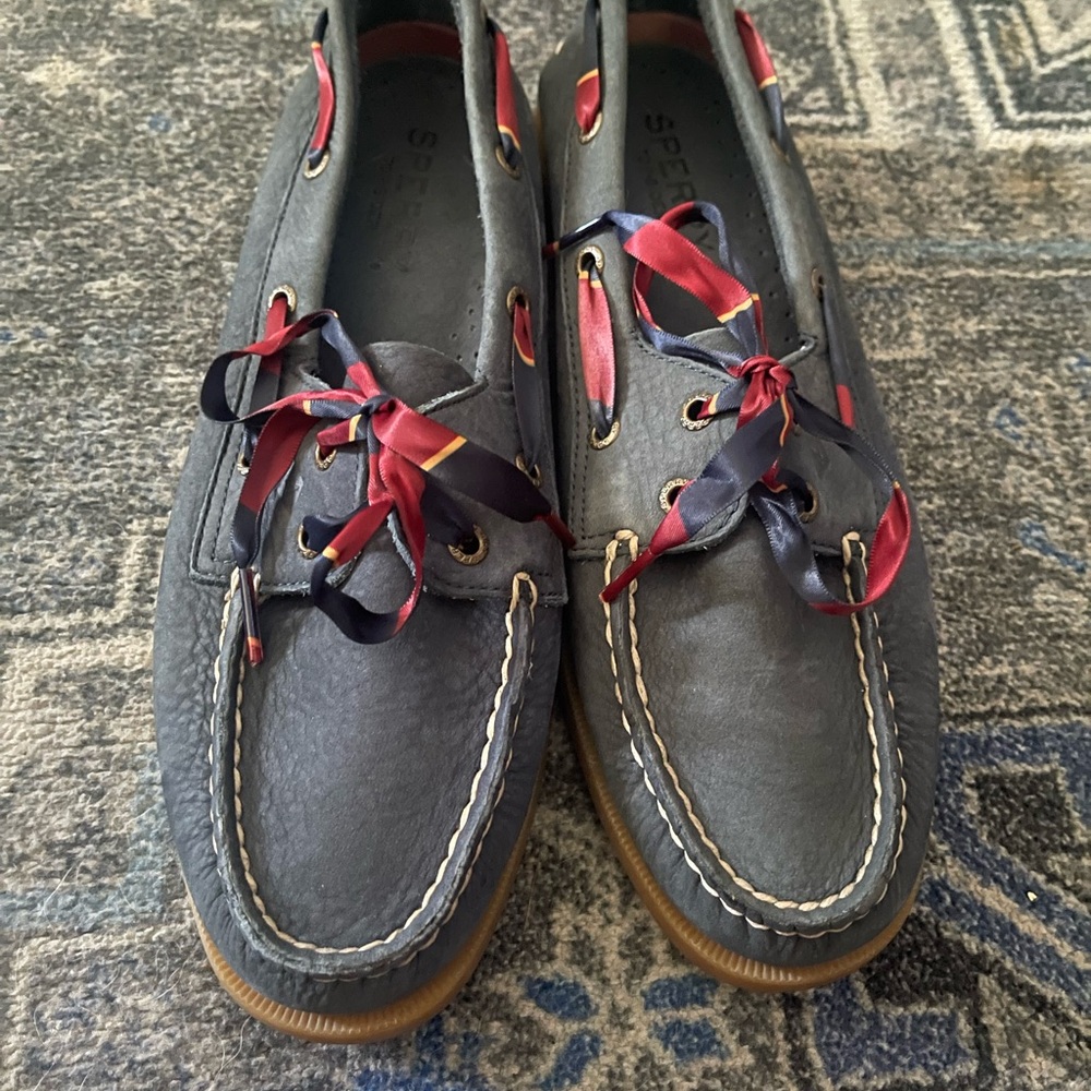 Navy Sperry Boat Shoes with Red and Blue Laces